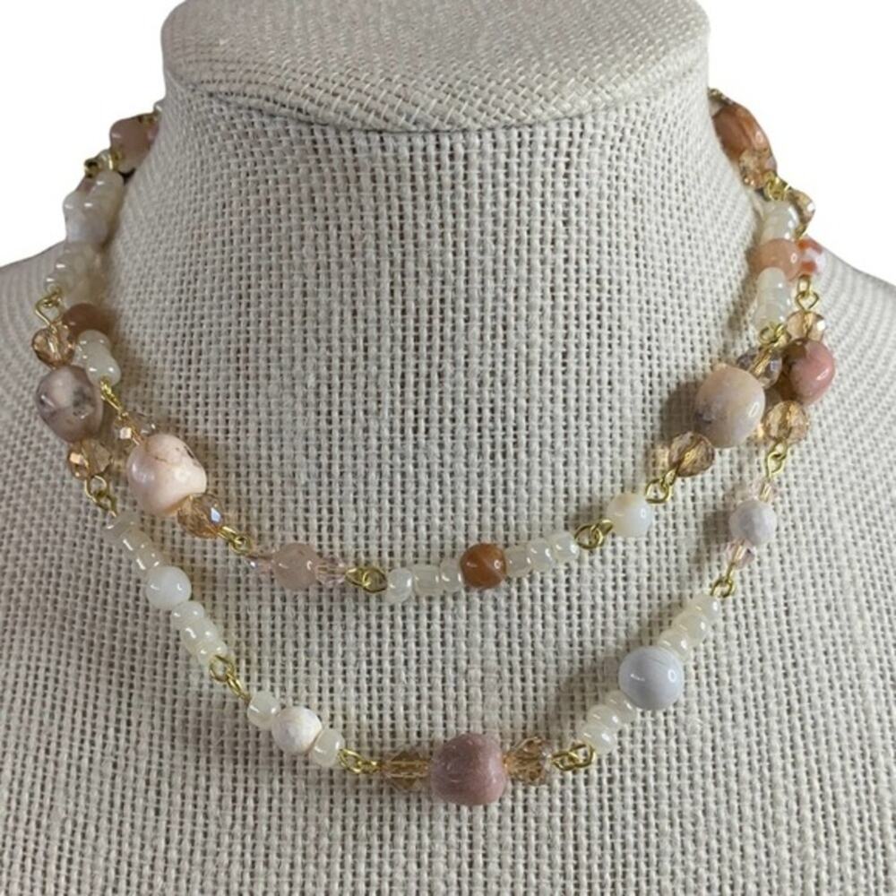 Peruvian pink opal‎ semiprecious necklace. Crystals And agate 30 inches long
